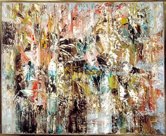 Painting by Paul-Émile Borduas titled Autumn Reception (1953). Abstract composition in green, teal, red, black, and white.