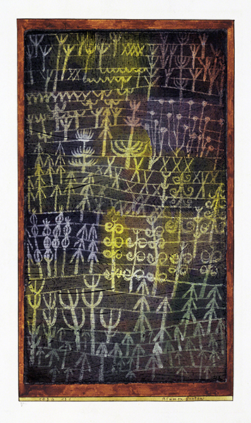 Painting by Paul Klee titled Flower Garden (1924). Abstract plants scraped into black paint revealing sections of yellow, blue, and red.