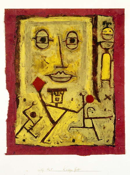 Painting by Paul Klee titled God of War (1937). Yellow rectangle with face and stick figures on a red background.