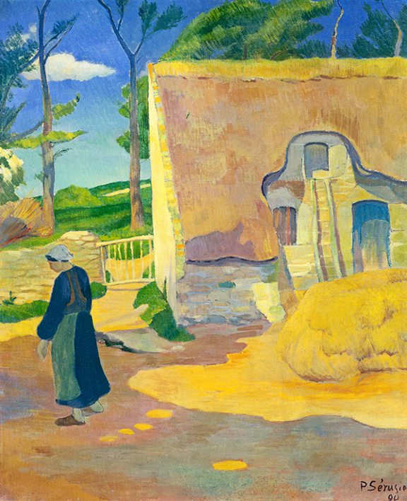 Oil painting by Paul Sérusier titled Farmhouse at Le Pouldu (1890). Woman standing outside a thatch roof house with trees and fields in the background.