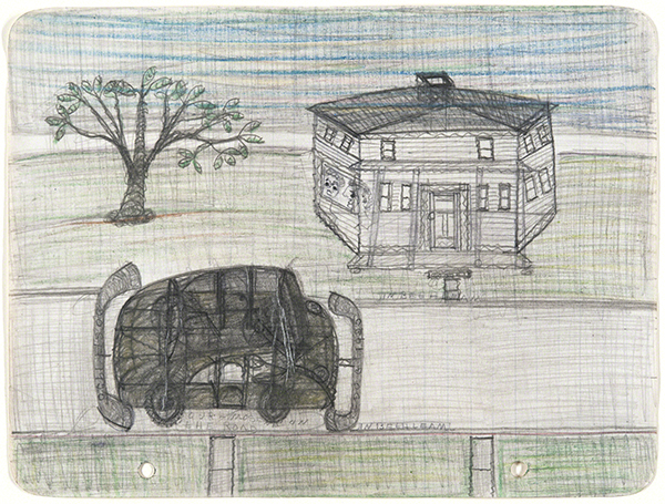 Drawing by Pearl Blauvelt titled House and Car (ca. 1940). Car driving on a street by a tree and a house.