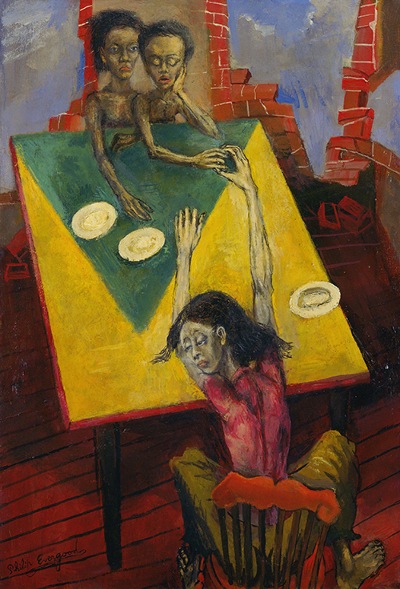 Painting by Philip Evergood titled Don't Cry Mother (1938–1944). Woman sitting at a table stretches her arm to her two children sitting at the opposite end with empty plates and crumbling brick walls. 