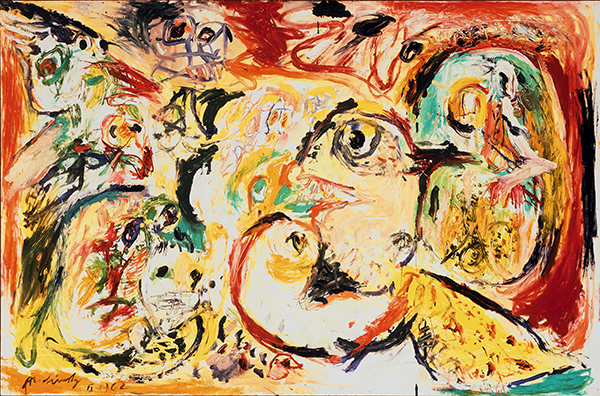 Oil painting by Pierre Alechinksy titled Greet the North, Greet the South (1962). Painting with abstract figures and brush work in yellow, red, greed, black, and white.