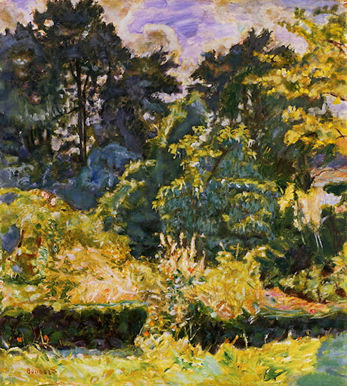 Painting by Pierre Bonnard titled Woods in Summer (1927). View of trees in shades of green and yellow.