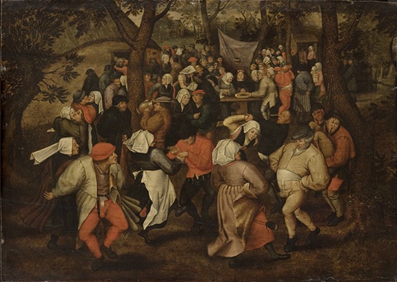 Painting by Pieter Brueghel, the Younger titled Wedding Dance in the Open Air (ca. 1600). Group of people dancing and sitting at tables outside under trees.