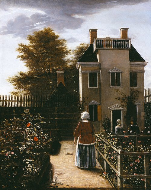 Oil painting by Pieter de Hooch titled Flower Garden (ca. 1660). Three figures on garden paths between flower beds with a house and tree in the background.