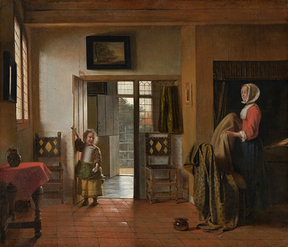 Oil painting by Pieter de Hooch titled The Bedroom (1658/1660). Woman holding blankets and young child in a room lit by windows on the left and an open door behind.