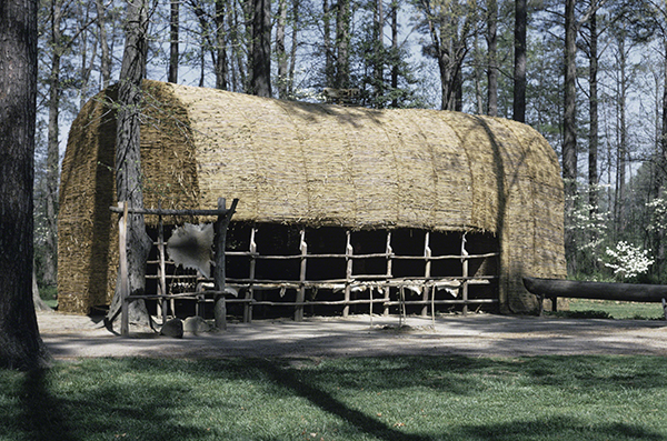 Reconstruction of Chief Powhatan’s (Wahunsenacawh’s) Lodge (original ca. early 1600s). Lodge made from sapling frame covered by reed mats.