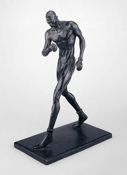 Sculpture by Richmond Barthé titled The Boxer (1942). Bronze nude male figure in a boxing stance wearing boxing gloves and shoes.