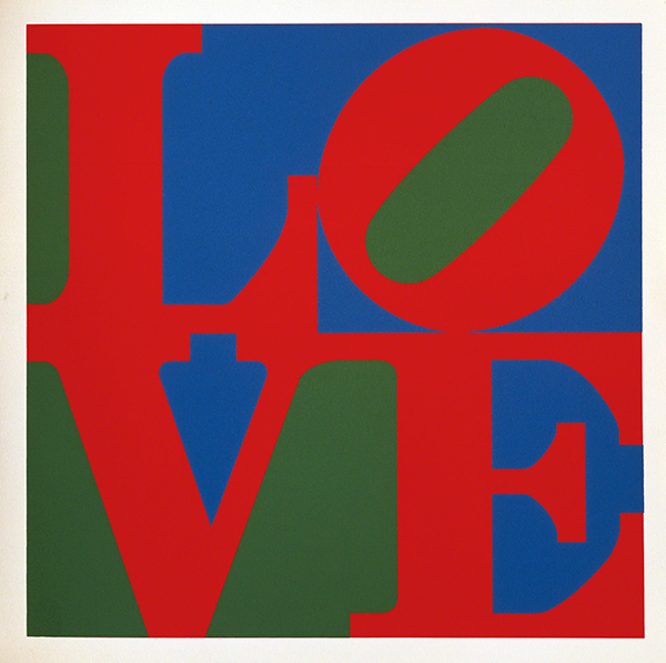 Screen print by Robert Indiana titled LOVE (1967). The letters L and O above V and E in red on a background of green and blue.