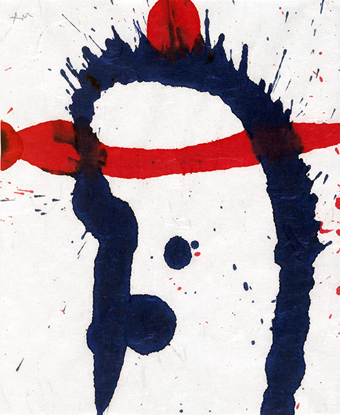 Ink painting by Robert Motherwell from the Lyric Suite series (1965). Curved blue shape with spatters and a horizontal red shape on a white background.