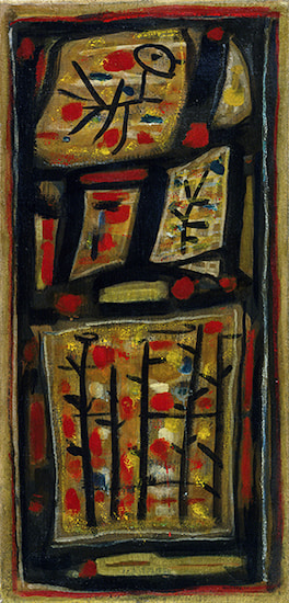 Painting by Rogier Bissière titled Red Bird on Black (1953). Abstract bird and trees in black in a composition of yellow, red, blue, white, and black.