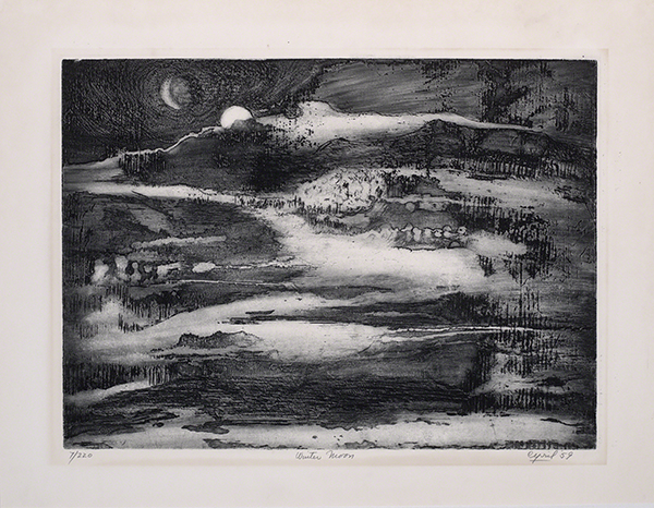 Etching by Ruth Cyril titled Winter Moon (1959). Abstract nighttime winter scene in black and white.
