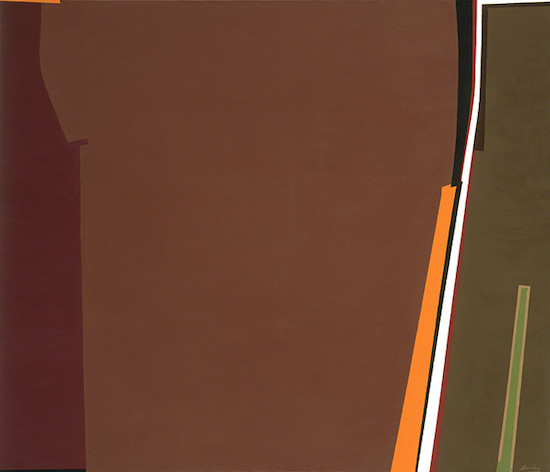Painting by Saliba Douaihy titled Majestic (1965). Vast variations on brown take over most of the canvas and are spliced with brilliant tones of orange, white, and green.