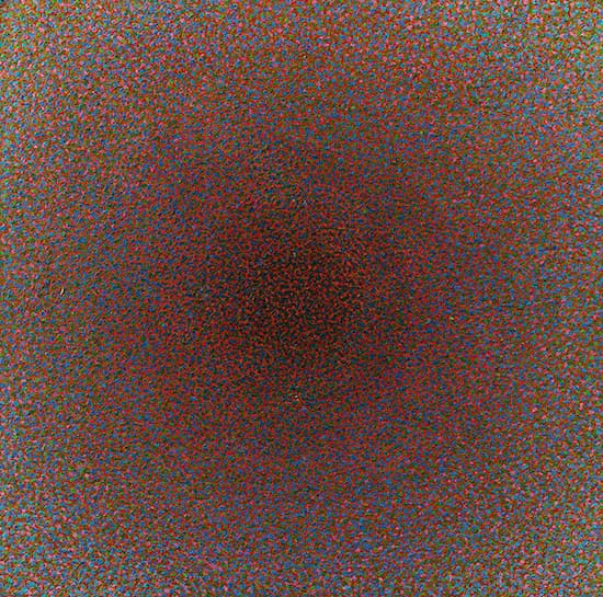 Painting by Sally Hazelet Drummond titled Hummingbird (1961). Field of blood red and oxidized maroon dots that coalesce in a dark center.