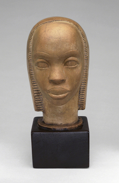 Sculpture by Sargent Johnson titled Head of a Black Woman (ca. 1935). Terracotta sculpture of a stylized Black woman's head. 