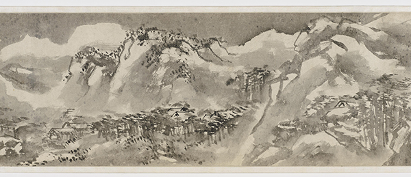 Ink painting by Shi Zhong title Snowscape (1504). Section of monochromatic handscroll depicting snow-covered mountains and trees.