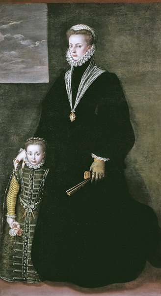 Painting by Sofonisba Anguissola of Juana of Austria and a Young Girl (1561–1562). A woman wearing a long necklace and a black dress standing next to a young girl in a green dress with yellow sleeves holding flowers.