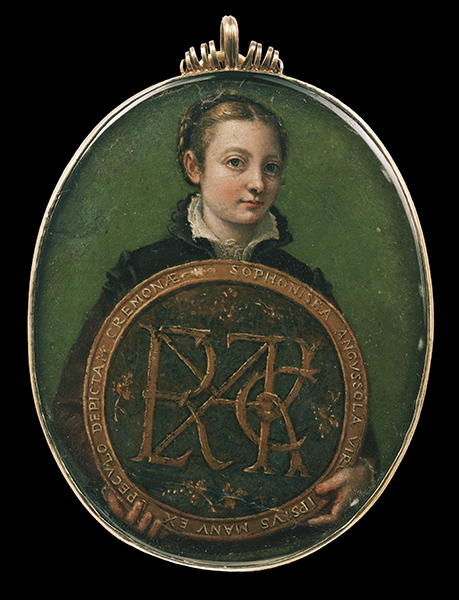 Self-portrait by Sofonisba Aguissola (ca. 1556). A woman with blonde hair and dark clothing against a green background holding a large medallion with intertwined letters.