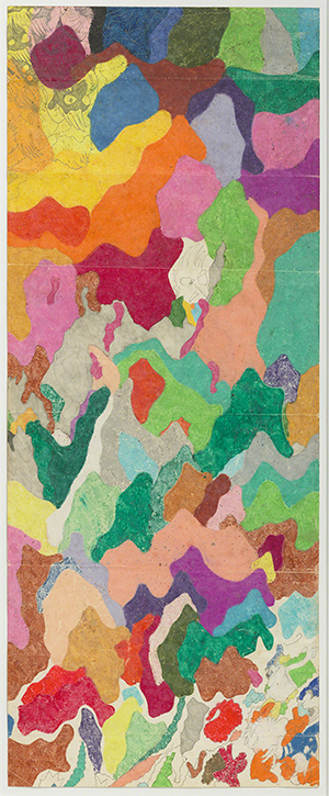 Drawing by Susan Te Kahurangi King (1960-70s). Organic shapes in red, green, orange, yellow, and pink crayon with some Pop culture graphite figures fill the vertical picture plane.