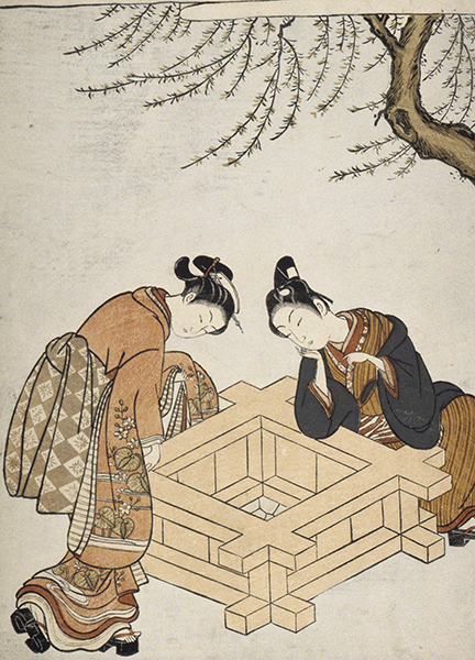 Woodcut print by Suzuki Harunobu titled Lovers by the Well (ca. 1766). A female figure wearing a kimono with the obi tied in the back and male figure with a top knot sit by a square well beneath a tree.