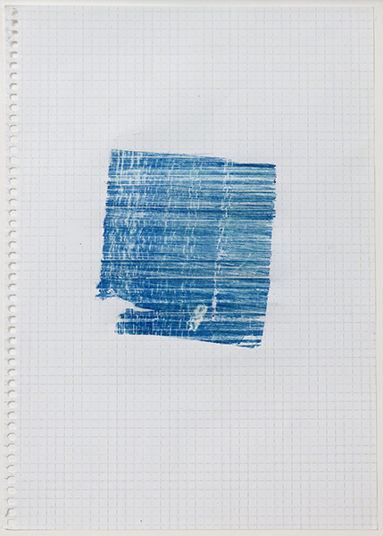 Print by Tanya Goel titled rain, 1 mm – III, IV (2015). Sheet of graph paper with horizontal lines in blue carbon paper pigment.