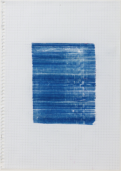 Print by Tanya Goel titled rain, 1 mm – V, VI (2015). Sheet of graph paper with horizontal lines in blue carbon paper pigment.