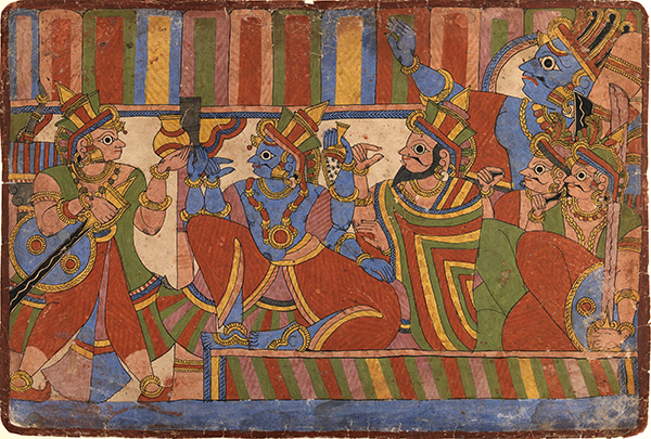 Thakar people, India, Krishna Counsels the Pandava Leaders, leaf from a bundle of individual scenes from the Mahabharata (Great Epic of India), ca. 1830–1850. 