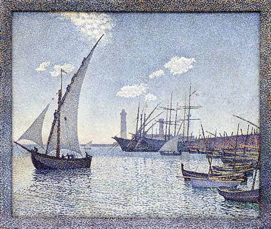 Painting by Théo van Rysselberghe titled The Port of Sete (1892). Pointillist seascape of boats in a port.