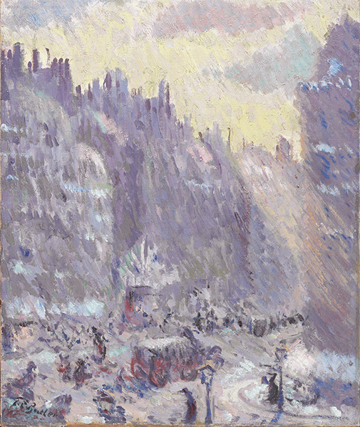 Oil painting by Theodore Earl Butler titled Place du Havre, Windy Day (1909). City street and buildings in purple, yellow, and white brushstrokes.