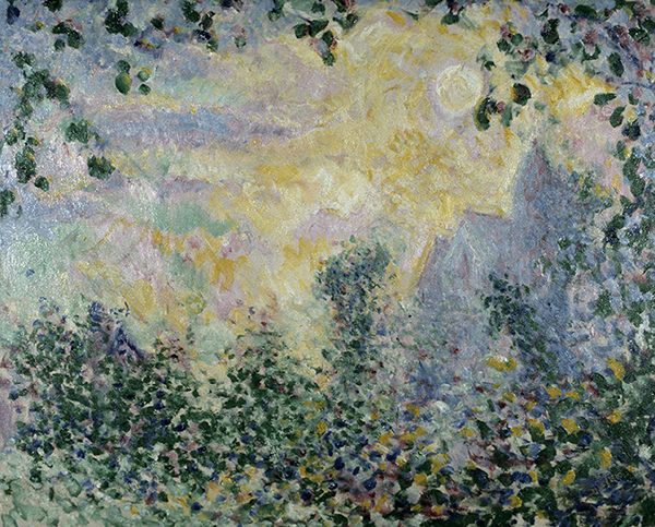 Oil painting by Theodore Earl Butler titled Sunset, Giverny Church (1910). Greenery framing a view of the sun, sky, and church silhouette in yellow, purple, and green.