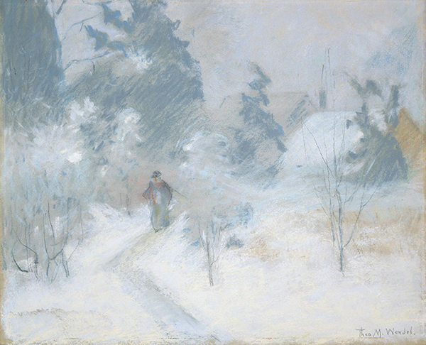 Pastel by Theodore Wendel titled Snow Scene (ca. 1889). Snowy landscape with trees and houses in the background and a figure walking along a path.