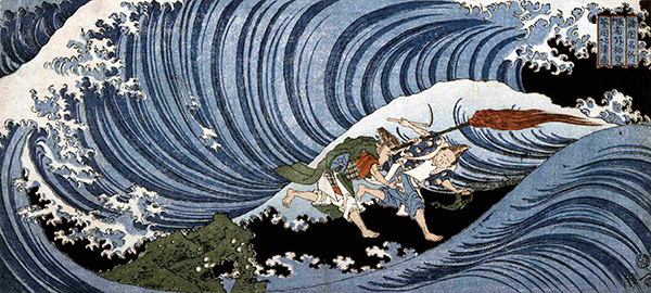 Woodblock print by Totoya Hokkei titled Shinto Ceremony at the Mekari Shrine, Nagato Province (ca. 1830). Two Shinto priests guided by a torch collect wakame seaweed from ocean rocks as a wave towers overhead during Mekari Shinji.
