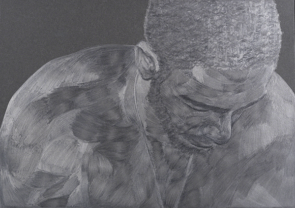Graphite artwork by Toyin Ojih Odutola titled M7 (2015). Close-up of a Black male figure with head looking down.