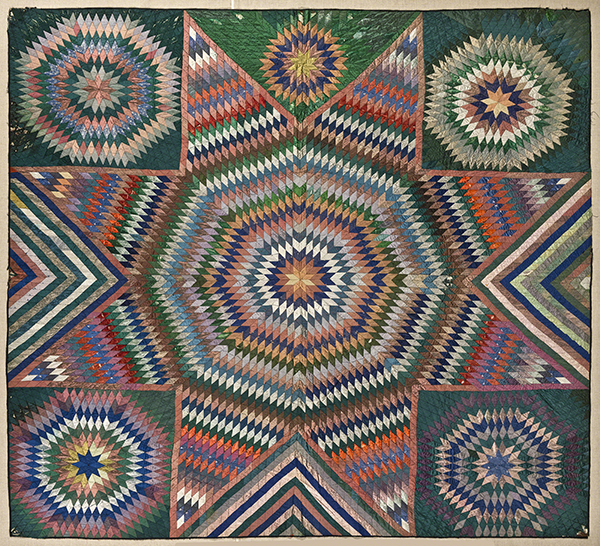United States, Star of Bethlehem Quilt, ca. 1850. Silk scraps, 91" x 86" (231.1 x 218.4 cm). © 2020 Brooklyn Museum. (BMA-5160)