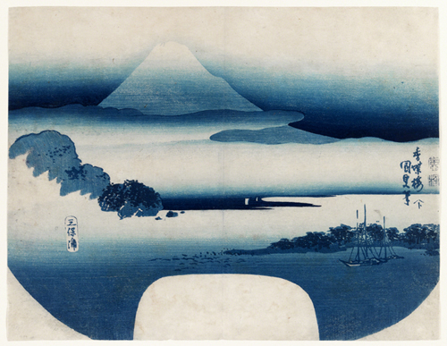 Woodcut by Utagawa Toyokuni III titled View of Fuji from Miho Bay (1830). View of Mount Fuji and tree-lined Miho Bay in shades of blue.