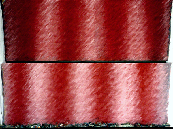 Encaustic by Vera Klement titled Jim's Door (1976). Two stacked red rectangles each with gestural surfaces suggesting undulating material through light and dark values with a strip of various colors at the bottom.