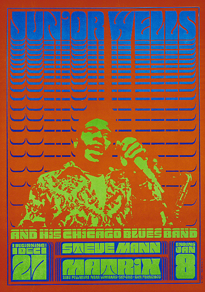 Poster by Victor Moscoso for Junior Wells and His Chicago Blues Band (1966). Blue and bright green lettering with man singing on orange background.