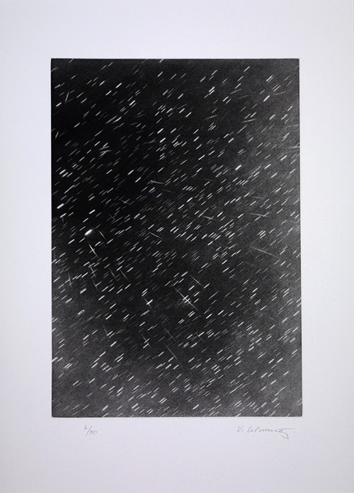Mezzotint by Vija Celmins titled Falling Stars (2010). Blurred image of short white lines against a black background.