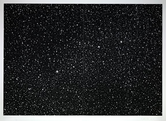 Mezzotint by Vija Celmins titled Starfield (2010). Field of white stars on a black background.