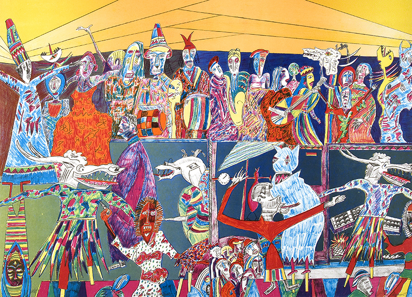 Lithograph by Vincent D. Smith titled Jonkonnu Festival (1996). Figures in blue, orange, red, yellow, purple, and green playing instruments and wearing animal masks.