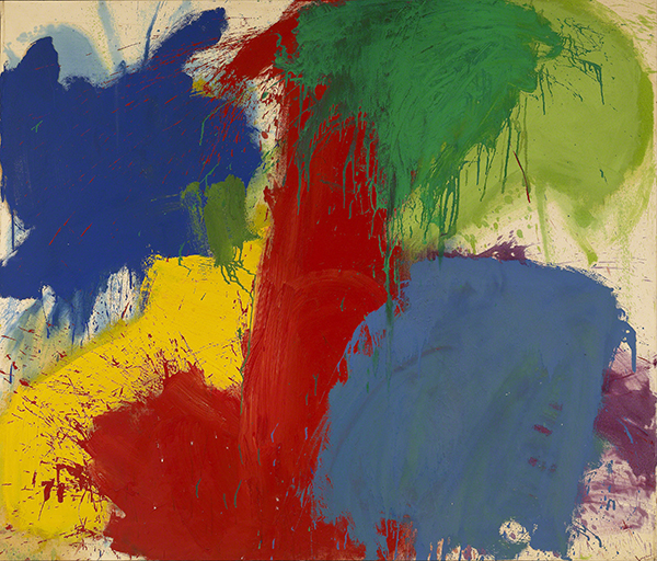 Oil painting by Walasse Ting titled Water (1963). Abstract areas of color in red, blue, yellow, and green.