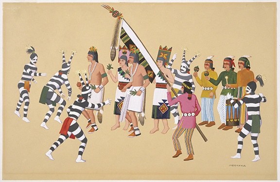 Painting by Waldo Mootzka titled Fall Corn Dance (1938). Corn dancers and striped mischief makers against a plain beige background.