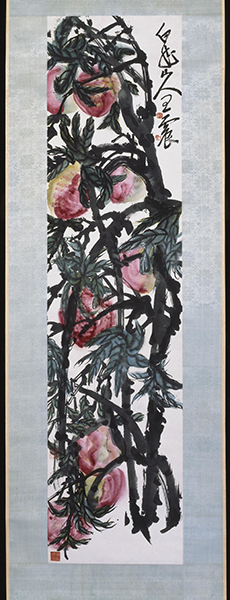 Painting by Wang Zhen titled The Fruit of Longevity (Peaches). Vertical still life of abstract peaches, branches, and leaves.