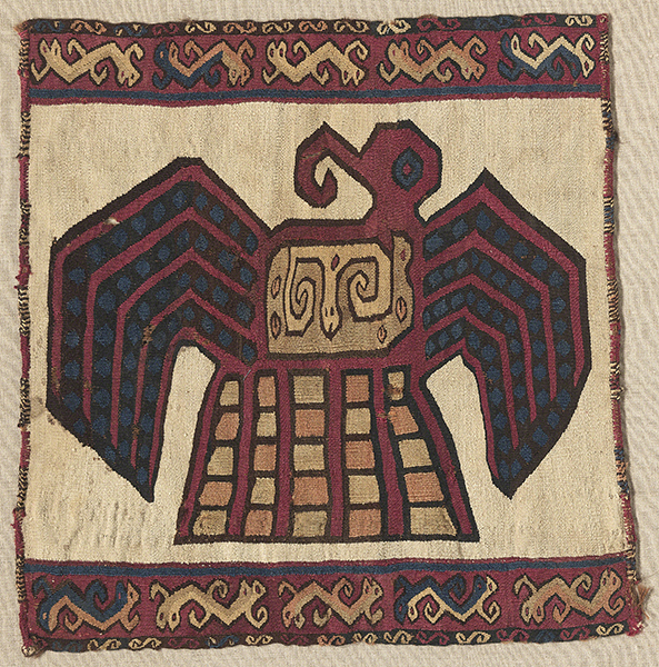 Wari Culture tapestry square (ca. 700-1000 CE). Red, yellow, blue, and black bird figure on a cream background with border design at the top and bottom.