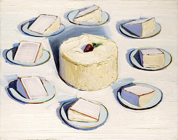 Oil painting by Wayne Thiebaud titled Around the Cake (1962). Slices of white cake arranged around a round white cake with a strawberry on top.