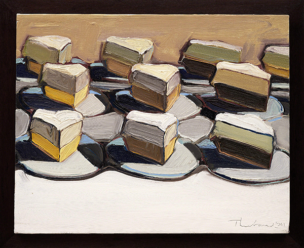 Oil painting by Wayne Thiebaud titled Cut Meringues (1961). Meringue pie slices on round plates arranged in three rows.
