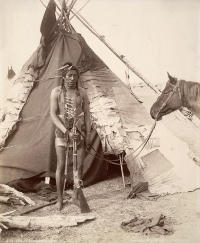 William McFarlane Notman (1857–1913, Montréal, Québec), Blackfoot Brave with Pony, Near Calgary, Alberta, 1889.