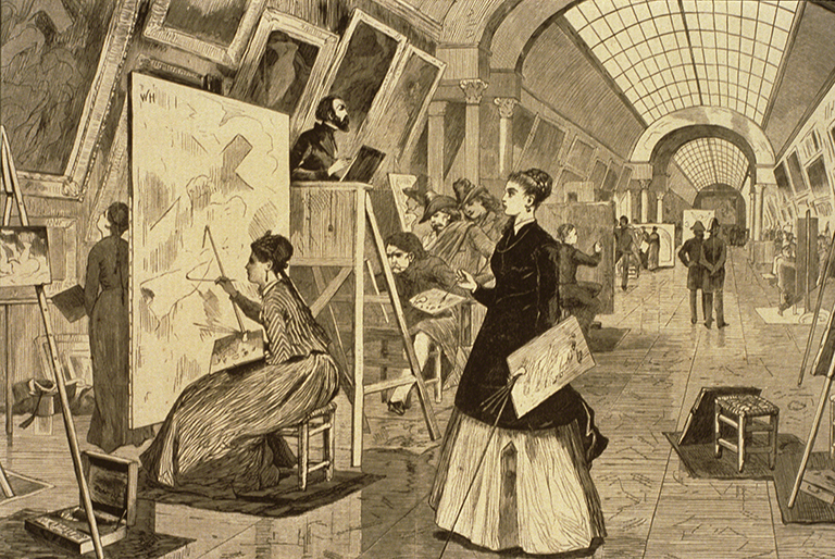 Wood engraving by Winslow Homer titled Art Students and Copyists at the Louvre Gallery. A yellowed black-and-white print of a seated woman creating a large copy of an artwork in a museum with another woman standing and men copying art in the background.