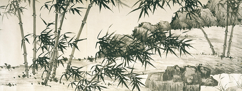 Detail of handscroll by Xia Chang titled Bamboo Under Spring Rain (ca. 1460). Brushwork ink bamboo and rocks in the foreground and rocks in the background.